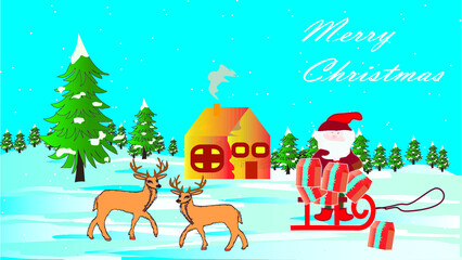 Flatley Christmas. Festive Christmas background. New Year's and Christmas. Christmas card background. New Year tree and deer. Santa with gifts.