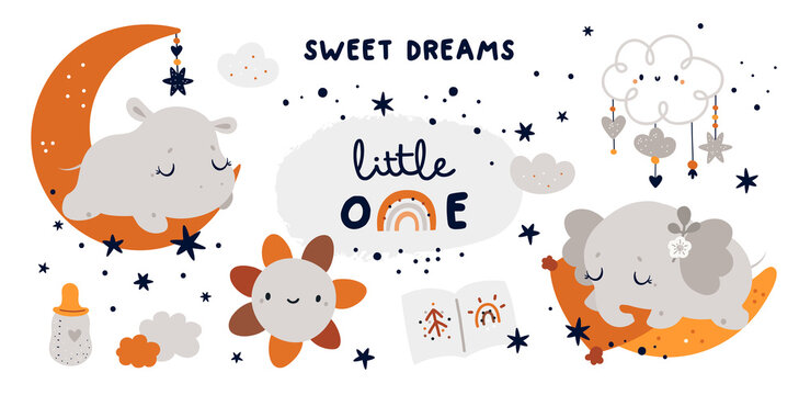 Little baby animals sleeps on the moon.  Childish collection with cute baby animals characters: hippo and elephant. Vector cartoon doodle elements for the design of children's things