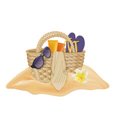 A beach basket with sunglasses, slippers, towel, tubes of cream. Vector illustration - 370260727