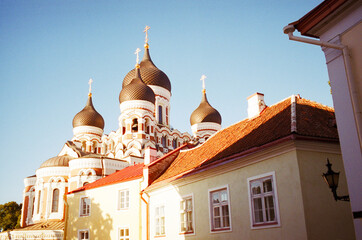 Panoramic view of the central streets of Tallinn on a summer morning in Estonia. Real grain scanned film.