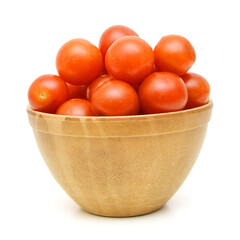 cherry tomatoes isolated in wooden bowl on white background