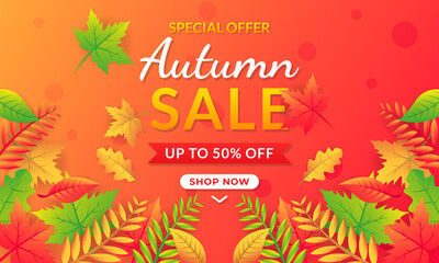 Obraz premium Autumn sale vector background decorate with leaves for holiday sale promo, invitaion card and greeting card. Vector illustration template