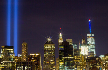 Fototapeta na wymiar The twin lights from the world trade center, illuminated each September 11. 