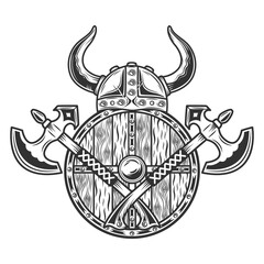 Viking warrior helmet with two axes and shield in vintage monochrome style isolated vector illustration