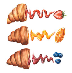 Watercolor hand drawn set of half croissants with strawberry, orange, blueberry jam filling. Vector Illustration of sliced croissants, isolated on white background.
