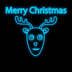 Deer neon sign. Night party. Happy Merry Christmas. Neon sign, bright signboard, light banner
