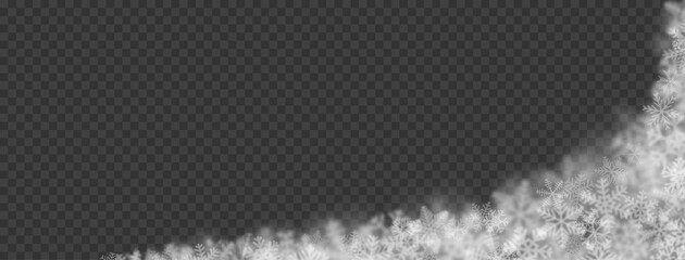 Christmas background of snowflakes of different shapes, sizes, blur and transparency on transparent background