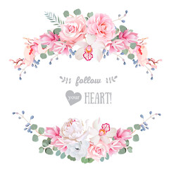 Cute wedding floral vector design frame. Floral banner stripe elements.