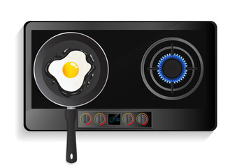 Fototapeta premium Kitchen stove with lit hob and fried egg on pan.