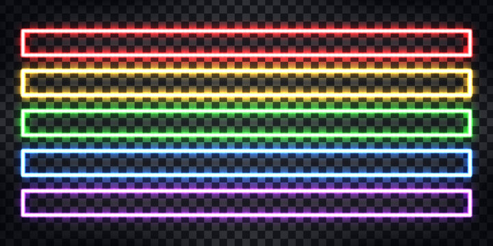 Vector set of realistic isolated neon sign of colorful panoramic rectangle frame for template and layout on the transparent background.
