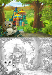 Cartoon scene with owls with beautiful castle near forest