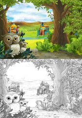 Cartoon scene with owls with beautiful castle near forest