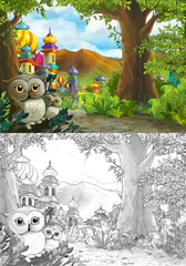 Obraz premium Cartoon scene with owls with beautiful castle near forest
