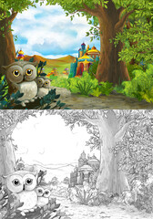 Cartoon scene with owls in the forest and path to the valley