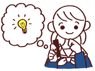 ペンを持ちひらめく笑顔の女の子 吹き出し