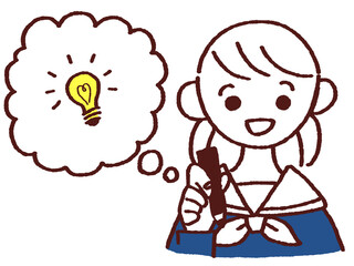 ペンを持ちひらめく笑顔の女の子 吹き出し