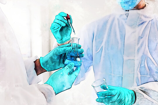 Abstract colorful young men scientist testing and checking in lab room on watercolor illustration painting background.