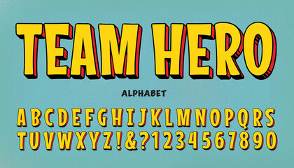 A Comic Superhero Font. Team Hero is a Vector Alphabet in Bright Yellow with a Red and Black 3d Drop. It Is Similar to Vintage Lettering Styles from the Classic Comic Book Genre. © Mysterylab