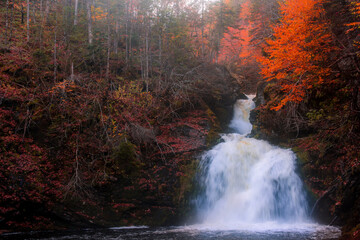 Close up of high waterfall river in autumn season. Gushing water fall in an autumn forest landscape. Autumn waterfall view in Cape Breton. Gairloch Falls, Nova Scotia, Canada