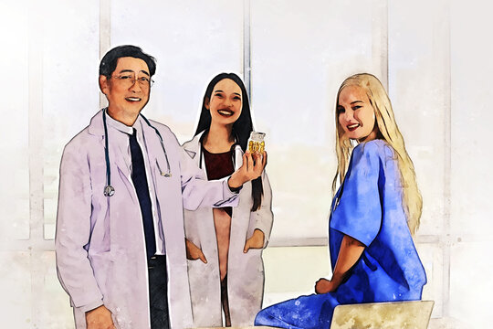 Abstract colorful happiness teamwork doctor in hospital on watercolor illustration painting background.