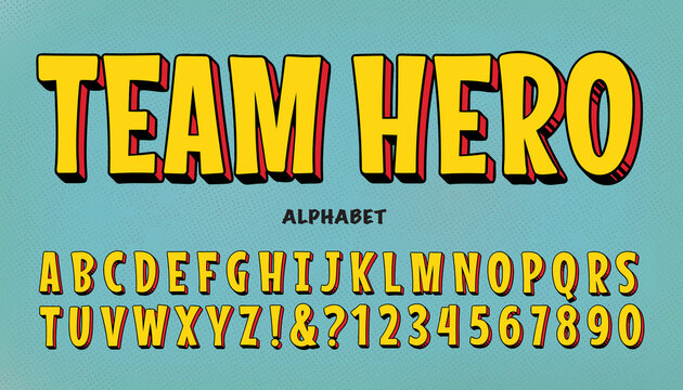 A Comic Superhero Font. Team Hero is a Vector Alphabet in Bright Yellow with a Red and Black 3d Drop. It Is Similar to Vintage Lettering Styles from the Classic Comic Book Genre.