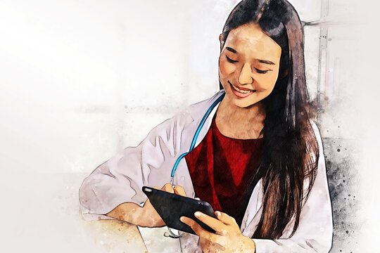 Abstract colorful happiness young doctor woman at hospital on watercolor illustration painting background.
