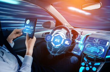 Driverless car interior with futuristic dashboard for autonomous control system . Inside view of...