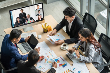 Video call group business people meeting on virtual workplace or remote office. Telework conference...