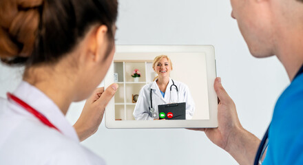 Doctor telemedicine service online video for virtual patient health medical chat . Remote doctor healthcare consultant from home using online mobile device connect to internet for live video call .