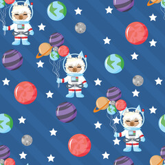 Cute llama astronaut in open space seamless pattern with planet. Vector hand drawn illustration. seamless pattern.