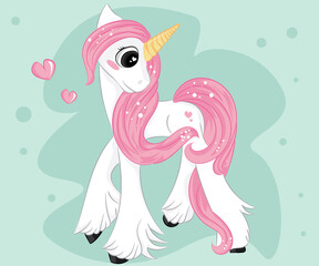Hand drawn cute pink unicorn isolated on white background. Design element for greeting cards, t-shirt and other.