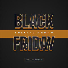 Black Friday sale banner or poster with 3d black and gold text. Online shopping banner