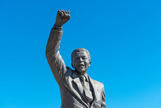 Statue of Nelson Mandela with raised fist near Drakenstein Correctional Centre, Cape Town, South Africa.