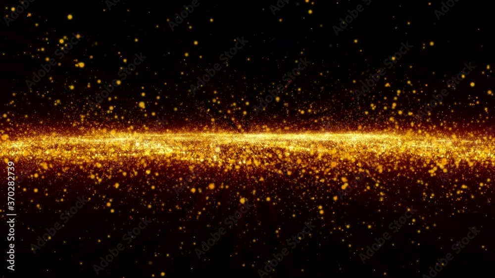 Poster gold stars futuristic particle floating glittering 4k animation on black background.
