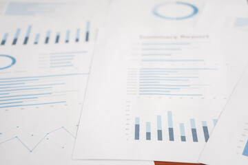 Business document report data with bar charts, pie charts, line graphs, on paper. Research data for market analysis and corporate financial planning.