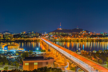 
view of traffic and sunset at Banpo Bridge, The Best View Of seoul city South Korea.