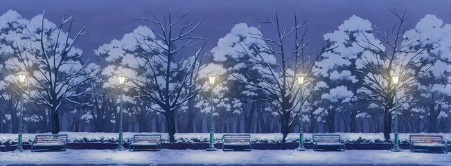 Park Anime Background - Winter Night and Light on.