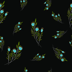 Floral Blue Flowers with Black Background Pattern design seamless. Flowers Illustration. Repeat Patterns