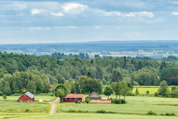 Fototapeta na wymiar Landscape view of the country with a farm on a field by the forest