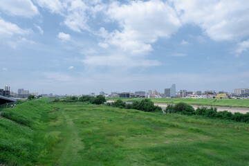 Fototapeta na wymiar 大和川堤防から大阪市と堺市方面への都市景観・広角