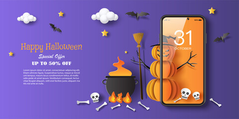 Pumpkin witch with Halloween cauldron, online shopping concept, digital marketing on website and mobile application, paper art, and craft style.