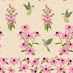 Seamless vector illustration with campanula, echinacea and birds