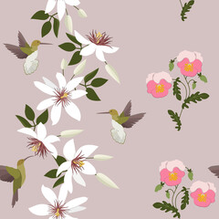 Seamless vector illustration with tropical flowers Passiflora and birds.