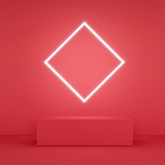 Abstract red color display with square Neon light on red background, 3d illustration