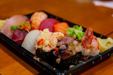 Close up shot of fresh Japanese style Sushi