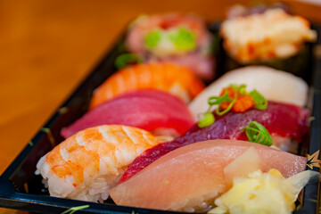 Close up shot of fresh Japanese style Sushi