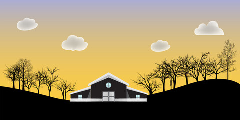 vector silhouette landscape village farm - 370286794
