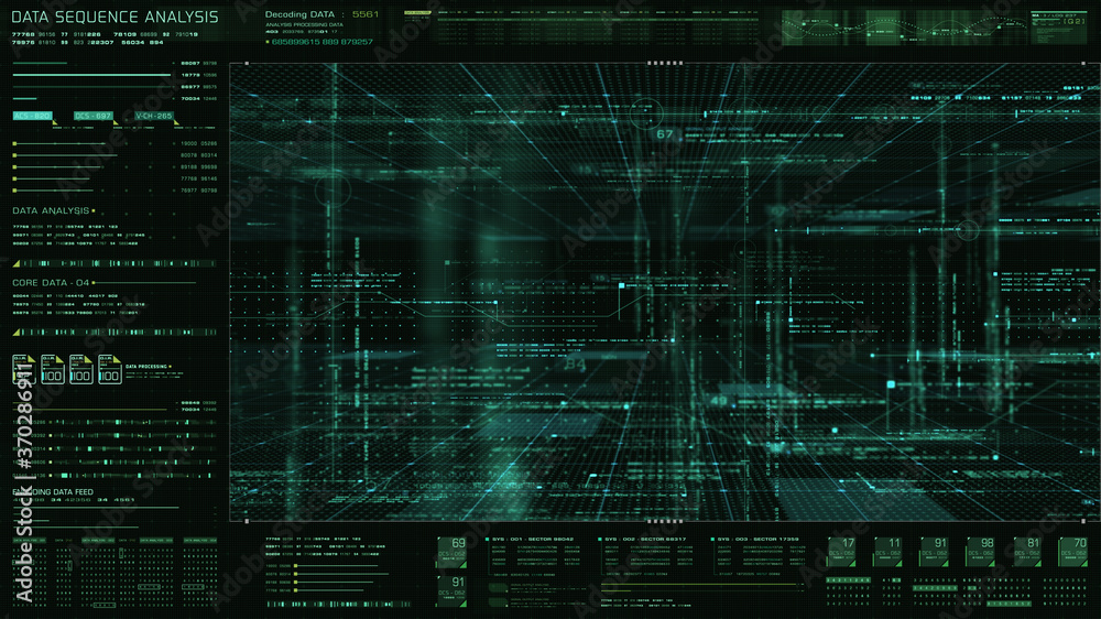 Fototapete Futuristic holographic data sequence simulation of artificial neural networks intelligence analysis head up display background
