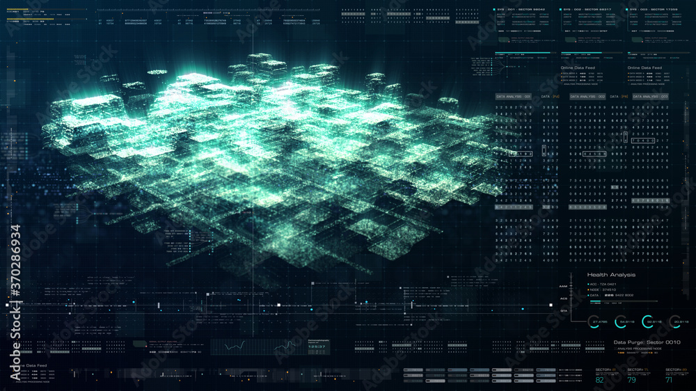 Poster Futuristic holographic data sequence simulation of artificial neural networks intelligence analysis head up display background