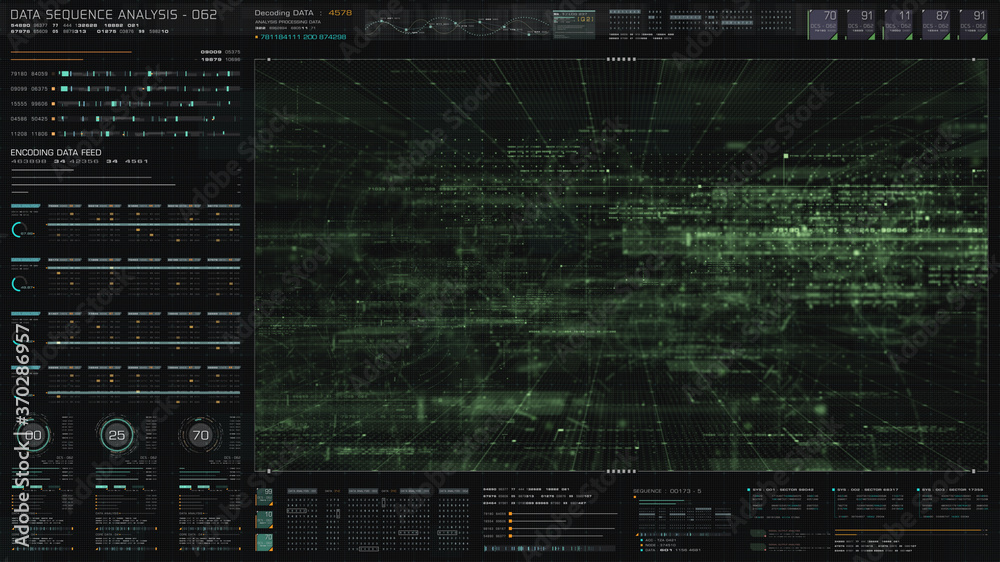Poster Futuristic holographic data sequence simulation of artificial neural networks intelligence analysis head up display background